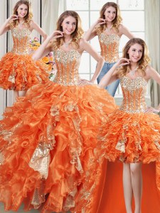 Modest Four Piece Orange Ball Gowns Sweetheart Sleeveless Organza Floor Length Lace Up Beading and Ruffles and Sequins Quinceanera Gown