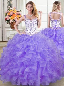 Straps Sleeveless Sweet 16 Dresses Floor Length Beading and Lace and Ruffles Lavender Organza