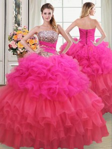 Top Selling Multi-color Strapless Neckline Beading and Ruffles and Ruffled Layers and Sequins Vestidos de Quinceanera Sleeveless Lace Up