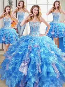 Four Piece Floor Length Lace Up Vestidos de Quinceanera Baby Blue for Military Ball and Sweet 16 and Quinceanera with Beading and Ruffles and Sequins
