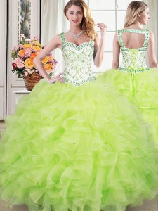Gorgeous Straps Yellow Green Ball Gowns Beading and Lace and Ruffles Ball Gown Prom Dress Lace Up Organza Sleeveless Floor Length