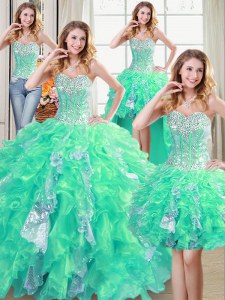 Artistic Four Piece Sequins Turquoise Sleeveless Organza Lace Up Quince Ball Gowns for Military Ball and Sweet 16 and Quinceanera