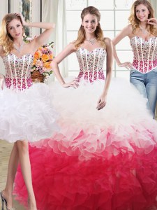 Great Three Piece White and Red Sleeveless Organza Lace Up Sweet 16 Dress for Military Ball and Sweet 16 and Quinceanera