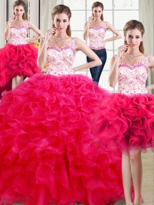 Four Piece Hot Pink Straps Neckline Beading and Ruffles Quinceanera Dresses Sleeveless Lace Up