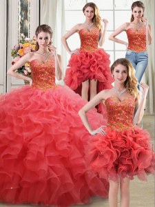 Four Piece Coral Red Organza Lace Up Quinceanera Dresses Sleeveless Floor Length Beading and Ruffles