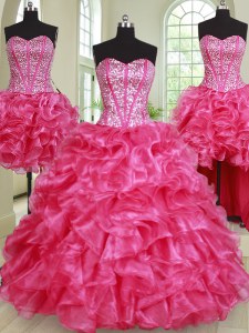 Chic Four Piece Organza Sweetheart Sleeveless Lace Up Beading and Ruffles Quinceanera Gowns in Hot Pink