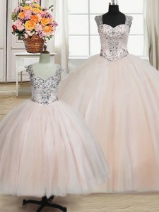 Customized Straps Pink Zipper Quinceanera Dresses Beading Sleeveless Floor Length