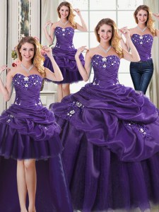 Attractive Four Piece Purple Vestidos de Quinceanera Military Ball and Sweet 16 and Quinceanera and For with Beading and Appliques and Pick Ups Sweetheart Sleeveless Lace Up
