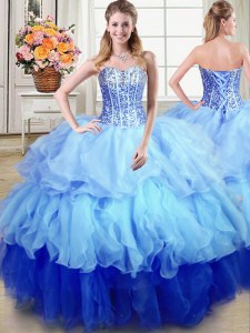 Sleeveless Organza Floor Length Lace Up Sweet 16 Dress in Multi-color with Ruffles and Sequins