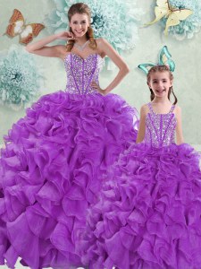 Low Price Organza Sweetheart Sleeveless Brush Train Lace Up Beading and Ruffles Quinceanera Dresses in Eggplant Purple