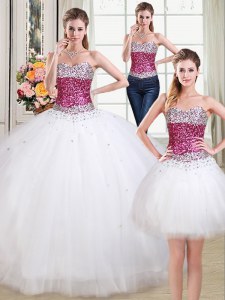 Fancy Three Piece White Sleeveless Tulle Lace Up Sweet 16 Quinceanera Dress for Military Ball and Sweet 16 and Quinceanera