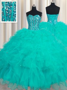 Attractive Turquoise Sweetheart Lace Up Beading and Ruffles 15 Quinceanera Dress Sleeveless