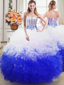Beading and Ruffles Quinceanera Dresses Blue And White Lace Up Sleeveless Floor Length