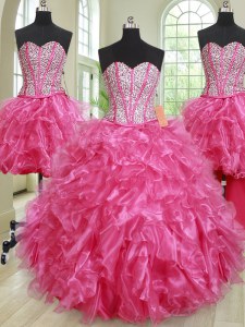 Eye-catching Four Piece Sleeveless Floor Length Beading and Ruffles Lace Up Quinceanera Dress with Hot Pink
