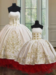 Stylish White and Red Lace Up Strapless Embroidery and Ruffled Layers Quince Ball Gowns Organza and Taffeta Sleeveless