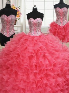 Three Piece Coral Red Organza Lace Up Quinceanera Gowns Sleeveless Floor Length Beading and Ruffles