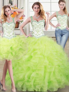 Three Piece Yellow Green Organza Lace Up Straps Sleeveless Floor Length Vestidos de Quinceanera Beading and Lace and Ruffles