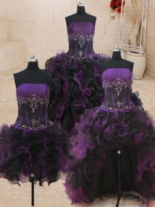 Custom Made Four Piece Black and Purple Organza Lace Up Quinceanera Gowns Sleeveless Floor Length Beading and Ruffles