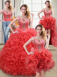 Admirable Four Piece Straps Sleeveless Fabric With Rolling Flowers Floor Length Zipper Sweet 16 Quinceanera Dress in Coral Red with Beading and Ruffles