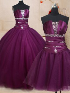 Graceful Three Piece Strapless Sleeveless Sweet 16 Quinceanera Dress Floor Length Beading Dark Purple Tulle