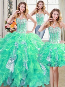 Eye-catching Three Piece Floor Length Turquoise Quinceanera Dresses Organza Sleeveless Beading and Ruffles and Sequins