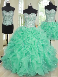 Ideal Three Piece Beading and Ruffles Sweet 16 Quinceanera Dress Turquoise Lace Up Sleeveless Floor Length