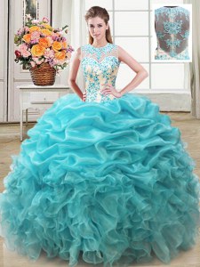 Scoop Beading and Ruffles Sweet 16 Dresses Aqua Blue Lace Up Sleeveless Floor Length