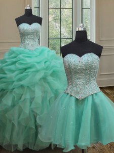 Fantastic Three Piece Turquoise Ball Gown Prom Dress Military Ball and Sweet 16 and Quinceanera and For with Beading and Ruffles and Pick Ups Sweetheart Sleeveless Lace Up