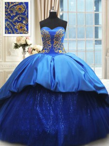 Romantic Sweetheart Sleeveless Quince Ball Gowns With Train Court Train Beading and Embroidery Royal Blue Satin