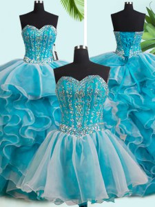Deluxe Three Piece White Ball Gowns Organza Sweetheart Sleeveless Beading and Ruffles Lace Up Sweet 16 Dress Brush Train