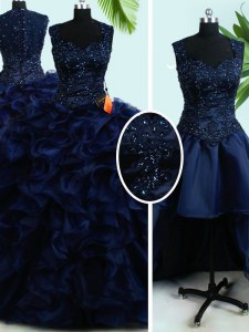 High Quality Four Piece Navy Blue Straps Neckline Beading and Ruffles Quinceanera Gowns Sleeveless Zipper