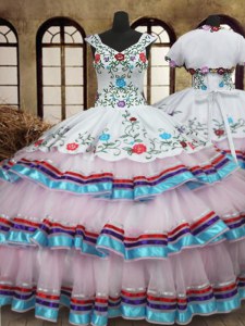 Custom Fit White Ball Gowns Organza and Taffeta Straps Sleeveless Embroidery and Ruffled Layers Floor Length Lace Up 15 Quinceanera Dress