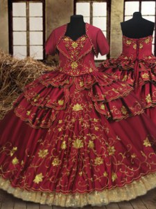 High Class Floor Length Lace Up Quinceanera Gown Wine Red for Military Ball and Sweet 16 and Quinceanera with Beading and Embroidery and Ruffled Layers