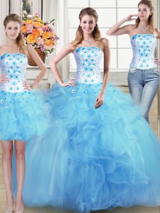 High Class Three Piece Tulle Strapless Sleeveless Lace Up Beading and Appliques and Ruffles Vestidos de Quinceanera in Light Blue