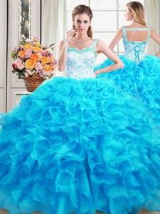 Straps Floor Length Baby Blue Quinceanera Dress Organza Sleeveless Beading and Ruffles
