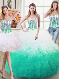 Decent Three Piece White and Green Ball Gowns Organza Sweetheart Sleeveless Beading and Ruffles Floor Length Lace Up Sweet 16 Dresses
