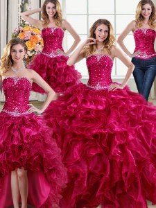 Comfortable Four Piece Fuchsia Organza Lace Up Strapless Sleeveless Floor Length 15 Quinceanera Dress Beading and Ruffles