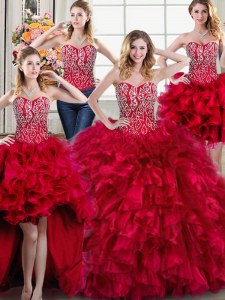 Four Piece Red Ball Gown Prom Dress Sweetheart Sleeveless Brush Train Lace Up