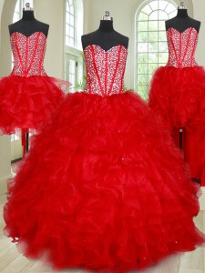 Four Piece Sleeveless Lace Up Floor Length Beading and Ruffles 15th Birthday Dress