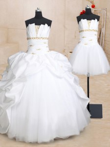 Three Piece Beading and Pick Ups Sweet 16 Quinceanera Dress White Lace Up Sleeveless Floor Length