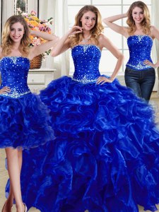 Three Piece Ball Gowns 15th Birthday Dress Royal Blue Strapless Organza Sleeveless Floor Length Lace Up