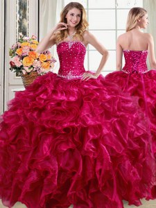 Sleeveless Floor Length Beading and Ruffles Lace Up 15th Birthday Dress with Fuchsia