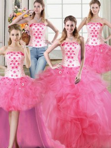 Suitable Four Piece Sleeveless Lace Up Floor Length Beading and Appliques and Ruffles Sweet 16 Quinceanera Dress