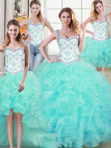 Four Piece Straps Aqua Blue Ball Gowns Beading and Lace and Ruffles Quince Ball Gowns Lace Up Organza Sleeveless Floor Length