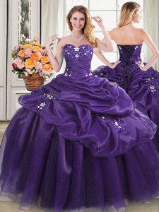 Sleeveless Organza Floor Length Lace Up Quinceanera Gown in Purple with Appliques and Pick Ups