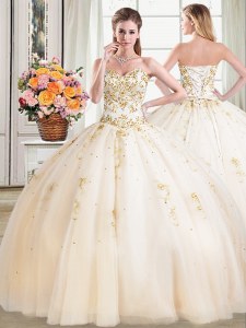Champagne Sleeveless Beading Floor Length Quince Ball Gowns