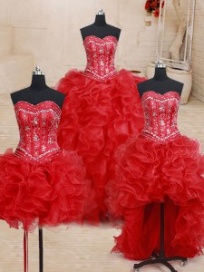 Four Piece Organza Sleeveless Floor Length Quinceanera Gown and Beading and Ruffles