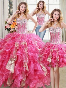 Three Piece Sleeveless Floor Length Beading and Ruffles and Sequins Lace Up Quinceanera Gown with Hot Pink