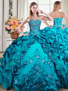 Sleeveless Floor Length Beading and Embroidery and Pick Ups Lace Up Quince Ball Gowns with Teal
