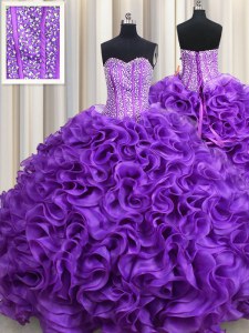 Shining Beading Quinceanera Gown Eggplant Purple Lace Up Sleeveless Floor Length